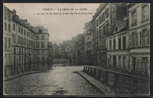 AK Elbeuf, La crue de la Seine, Rue de la Nation, prise du Pont Suspendu