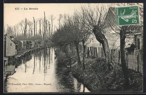 AK Eu, La Bresle avec maisons bordant la rivière et arbres dénudés