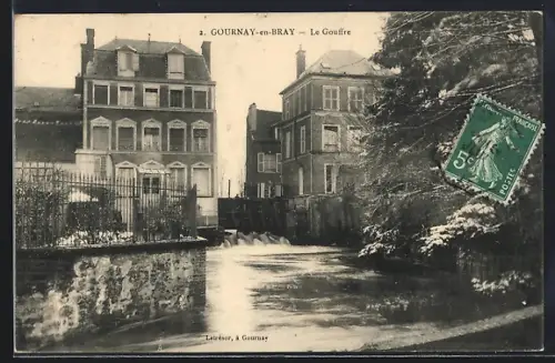 AK Gournay-en-Bray, Le Gouffre avec bâtiments adjacents et rivière enneigée