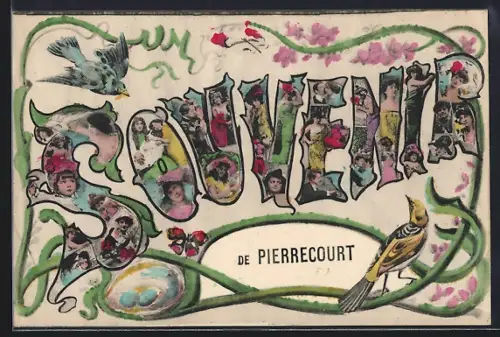 AK Pierrecourt, Souvenir illustré avec oiseaux et portraits artistiques