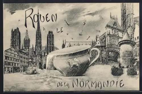 AK Rouen, Collage artistique avec cathédrale et tasse géante