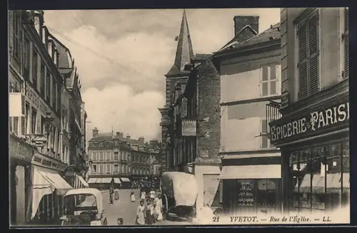AK Yvetot, Rue de l`Église animée avec boutiques et passants