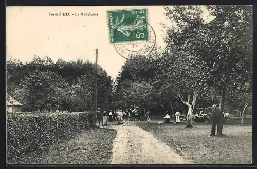 AK Eu, La Madeleine, Promenade dans la forêt avec groupe de personnes sur le chemin