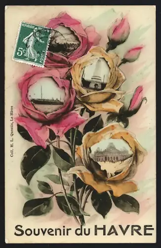 AK Le Havre, Souvenir illustré avec vues florales et timbre