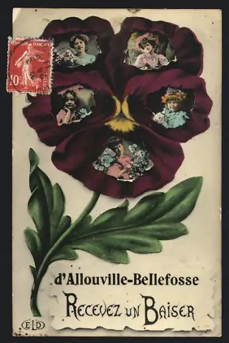 AK Allouville-Bellefosse, Recevez un Baiser avec fleurs et portraits intégrés