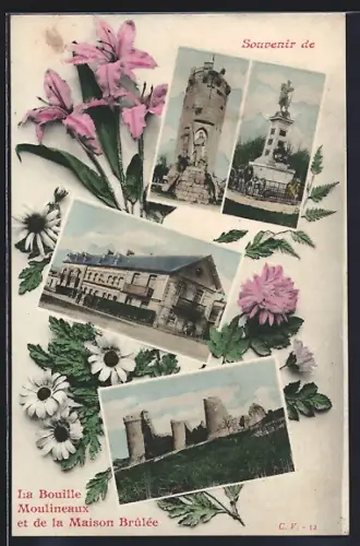 AK La Bouille /Moulineaux, Souvenir de la Maison Brûlée et des monuments historiques