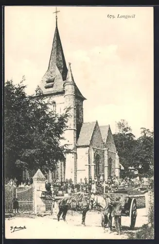 AK Longueil, Église avec chevaux et charrette devant l`entrée