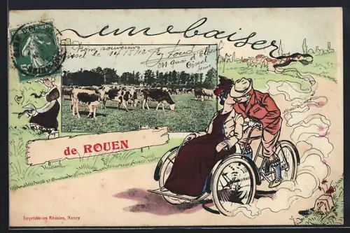 AK Rouen, Couple en tricycle et vaches dans le pré