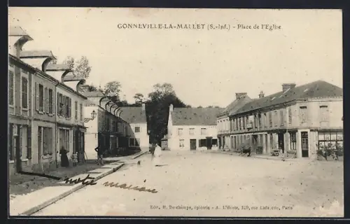 AK Gonneville-la-Mallet /S.-Inf., Place de l`Église avec bâtiments historiques et place centrale animée