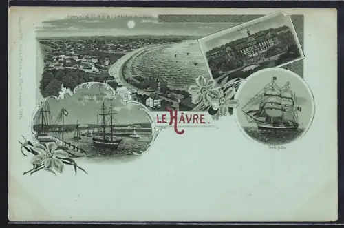 Mondschein-Lithographie Le Havre, Panorama du port et trois vues maritimes