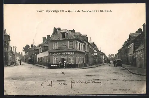 AK Envermeu, Route de Douvres et St-Ouen, coin animé avec café et passants
