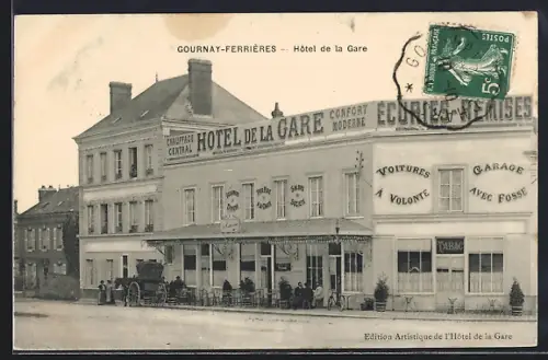 AK Gournay-Ferrières, Hôtel de la Gare avec calèche et passants
