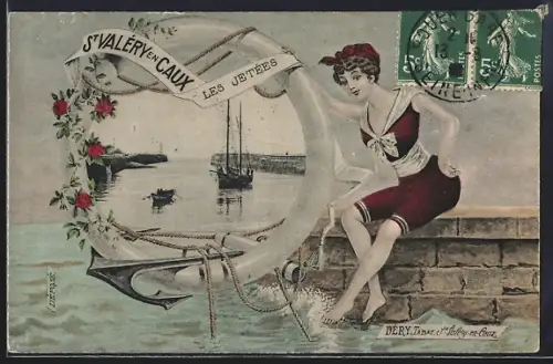 AK St Valéry-en-Caux, Les Jetées avec une femme en tenue de bain et des bateaux au loin