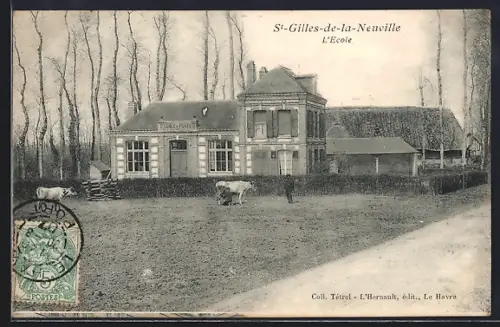 AK St-Gilles-de-la-Neuville, L`École avec vaches devant un bâtiment en brique