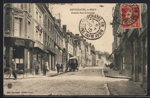 AK Neufchâtel-en-Bray, Grande Rue St-Jacques avec charrette et piétons