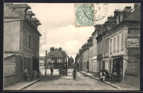 AK Fauville, Grande Rue mit geschäftigem Strassenleben und Radfahrern