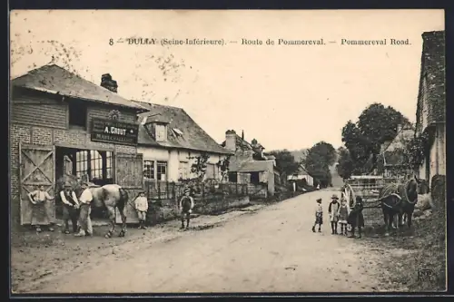 AK Bully /Seine-Inférieure, Route de Pommerval avec habitants et chevaux