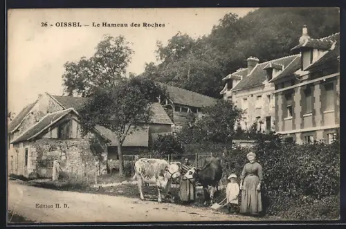 AK Oissel, Le Hameau des Roches avec villageois et bétail sur la route