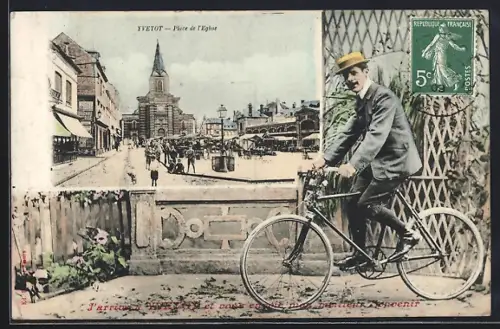 AK Yvetot, Place de l`Église avec cycliste au premier plan