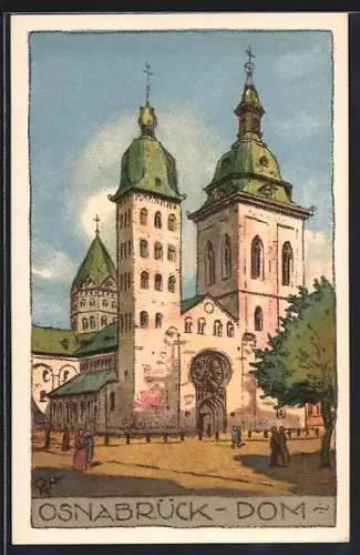 Steindruck-AK Osnabrück, Dom mit Passanten