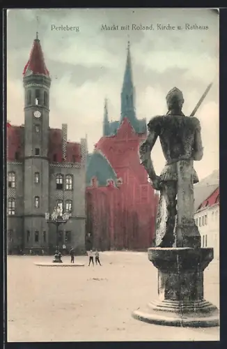 AK Perleberg, Markt mit Roland, Kirche und Rathaus