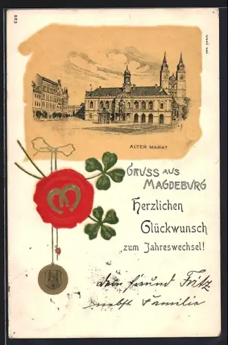 Präge-Lithographie Magdeburg, Alter Markt, Siegel mit Kleeblättern, Neujahrsgruss