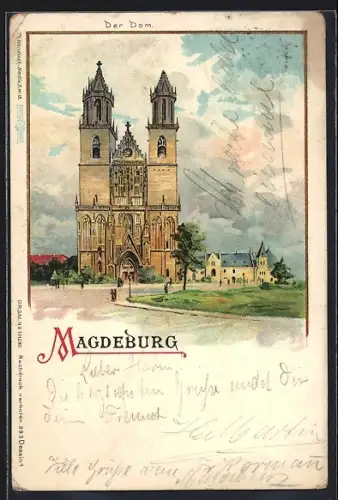 Lithographie Magdeburg, Partie am Dom