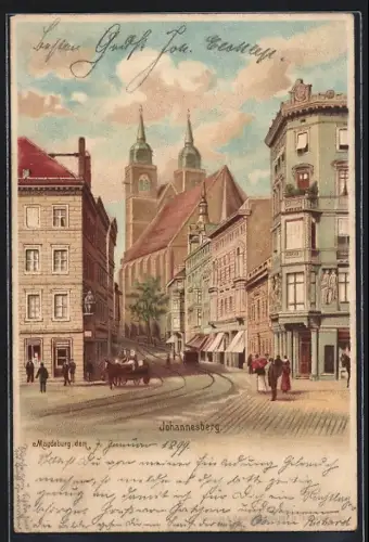 Lithographie Magdeburg / Joahnnesberg, Strassenpartie mit Ortsleben