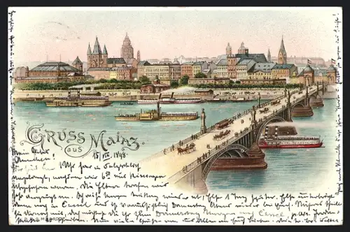 Lithographie Mainz, Uferpartie und Brücke mit Pferdebahn