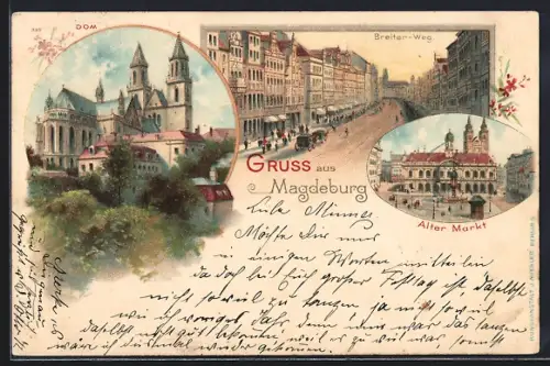 Lithographie Magdeburg, Dom, Breiter-Weg, Alter Markt