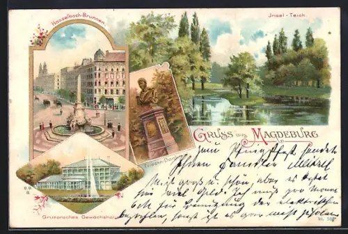 Künstler-AK Magdeburg, Inselteich, Hasselbach-Brunnen, Grunsonsches Gewächshaus