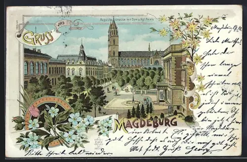 Lithographie Magdeburg, Augustastrasse mit Dom und Königlichem Palais
