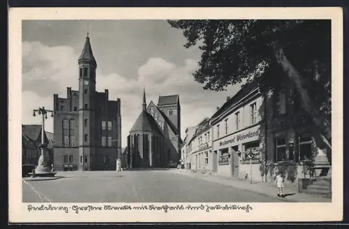AK Perleberg, Grosser Markt mit Rathaus und Jakobikirche, Restaurant Vaterland