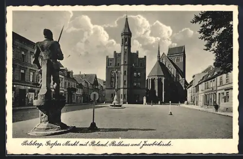 AK Perleberg, Grosser Markt mit Roland, Rathaus und Jacobikirche