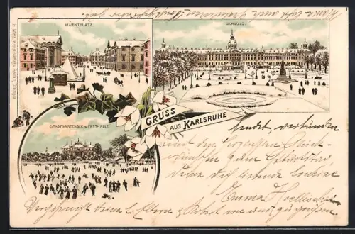 Winter-Lithographie Karlsruhe, Stadtgartensee mit Eisläufern & Festhalle, Schloss, Marktplatz