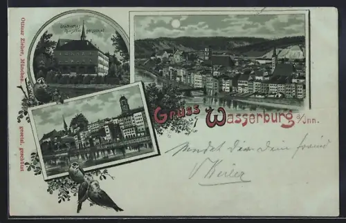 Mondschein-Lithographie Wasserburg a. Inn, Teilansicht, Städtisches Realschulpensionat, Uferpartie
