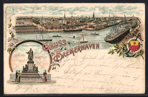 Lithographie Bremerhaven, Bürgermeister Smidt-Denkmal, Totalansicht aus der Vogelschau