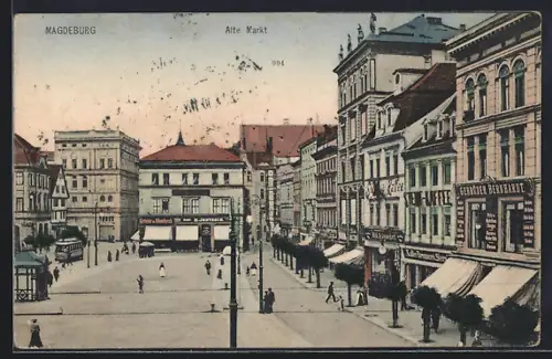 AK Magdeburg, Alter Markt mit Geschäften und Strassenpartie