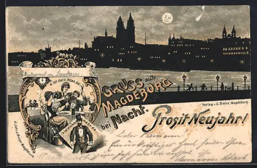 Lithographie Magdeburg, Herrschaften im Gasthaus, Mann mit leeren Taschen, Uferpartie bei Mondschein, Neujahrsgruss