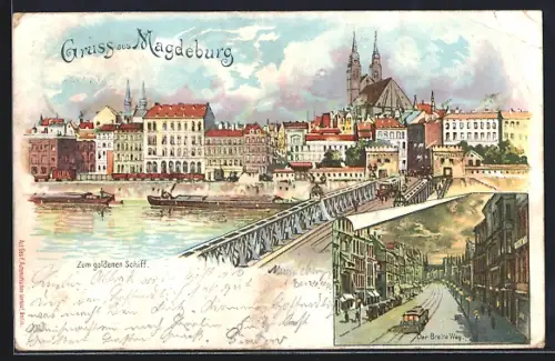Lithographie Magdeburg, Zum goldenen Schiff, Der Breite Weg mit Strassenbahn