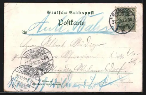 Lithographie Magdeburg, Zum goldenen Schiff, Der Breite Weg mit Strassenbahn