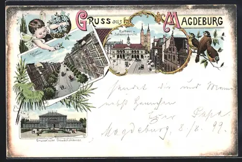 Lithographie Magdeburg, Grusan`sche Gewächshäuser, Rathaus und Johanniskirche, Kaiser-Strasse