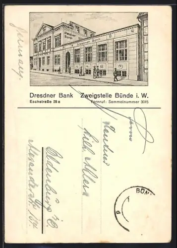 Künstler-AK Bünde i. W., Dresdner Bank, Eschstrasse 28 a