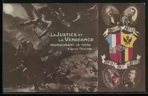 Künstler-AK Nikolas II von Russland, George V von England, La Justice et La Vengeance poursuivant le Crime...