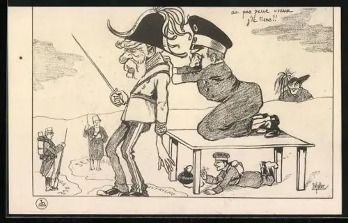 Künstler-AK Kaiser Wilhelm II schiebt Kaiser Franz Josef I. von Österreich vor sich