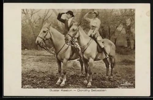 AK Portrait der Schauspieler Buster Keaton und Dorothy Sebastian zu Pferd
