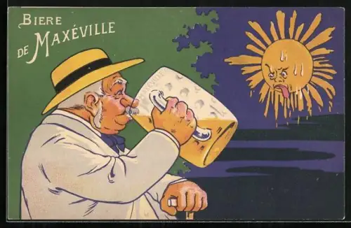 Künstler-AK Brauerei-Werbung für Biere de Maxeville, durstige Sonne blickt Bier trinkenden Mann an
