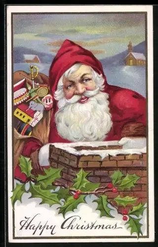 AK Weihnachtsmann mit Geschenken am Schornstein