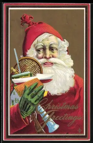 Lithographie Christmas Greetings, Weihnachtsmann mit Spielzeug im Arm