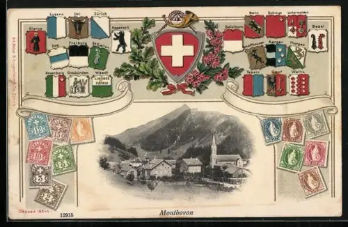 Präge-AK Montbovon, Ortsansicht im Passepartout mit Wappen und Briefmarken